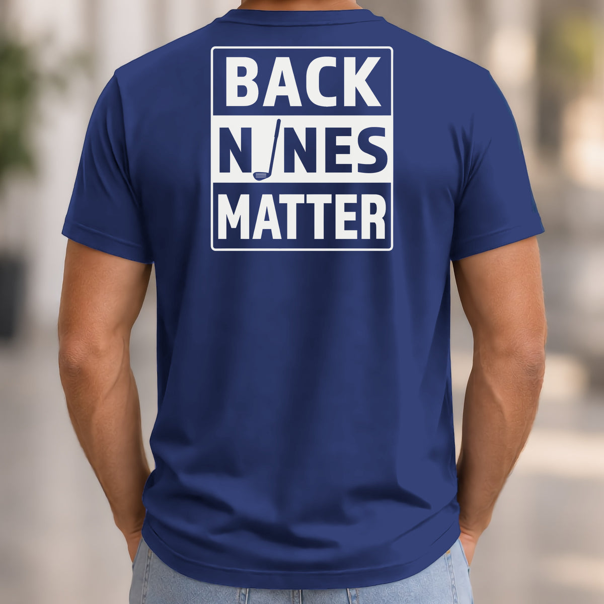 Back Nines Matter Back Print Tee worn, Navy
