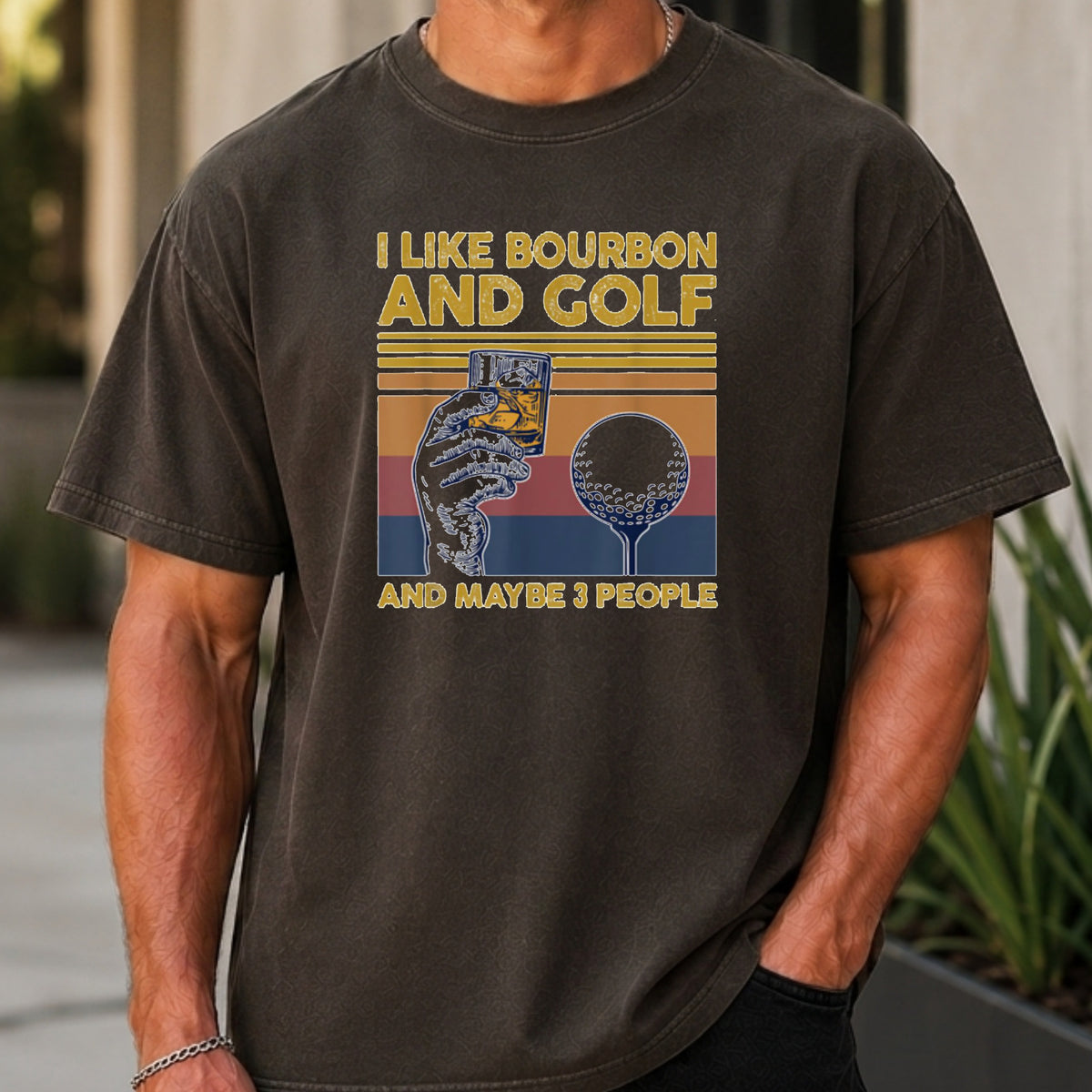 I Like Bourbon and Golf Premium Tee worn, Pepper