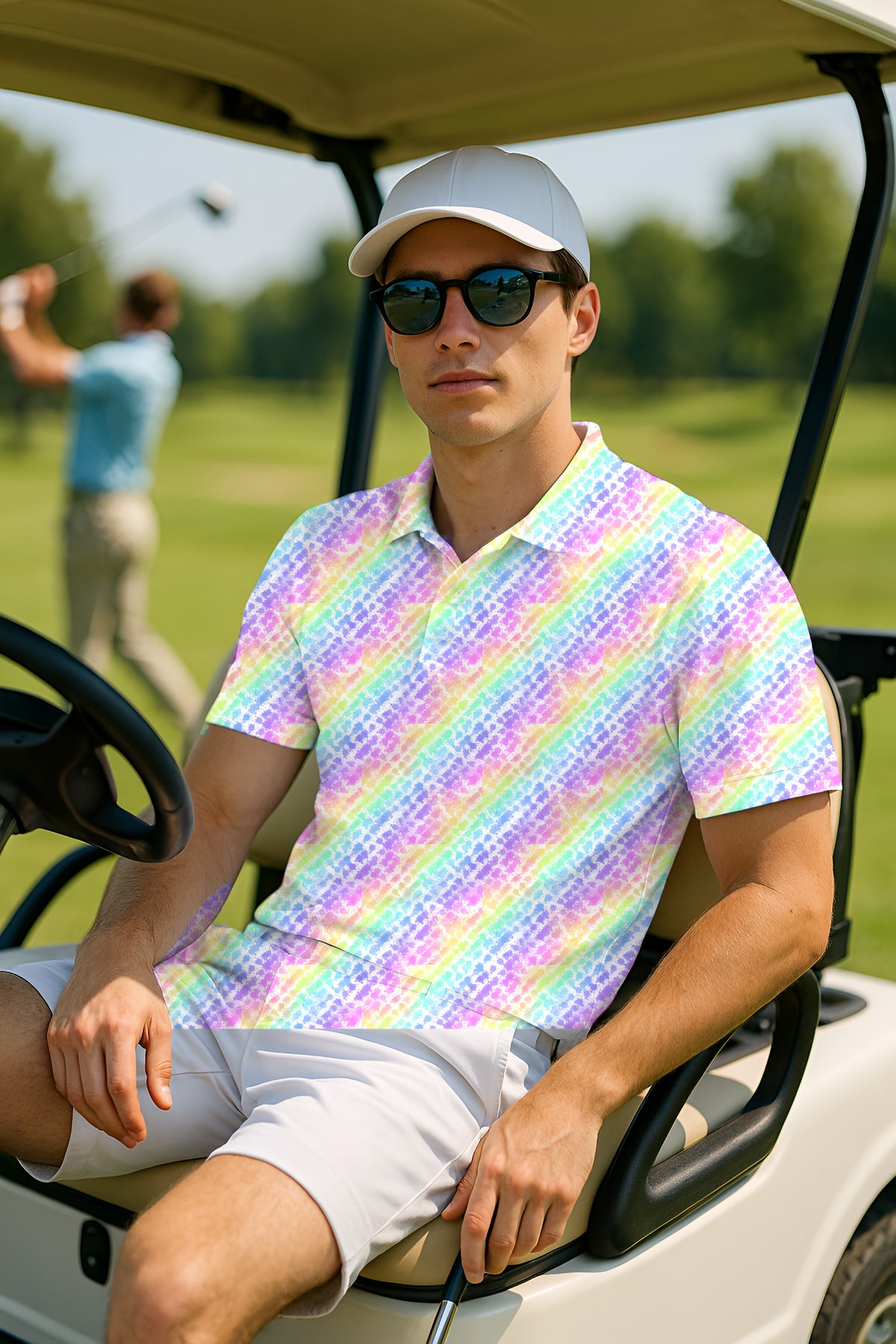 Rainbow Scribble Performance Print Polo worn on the golf course
