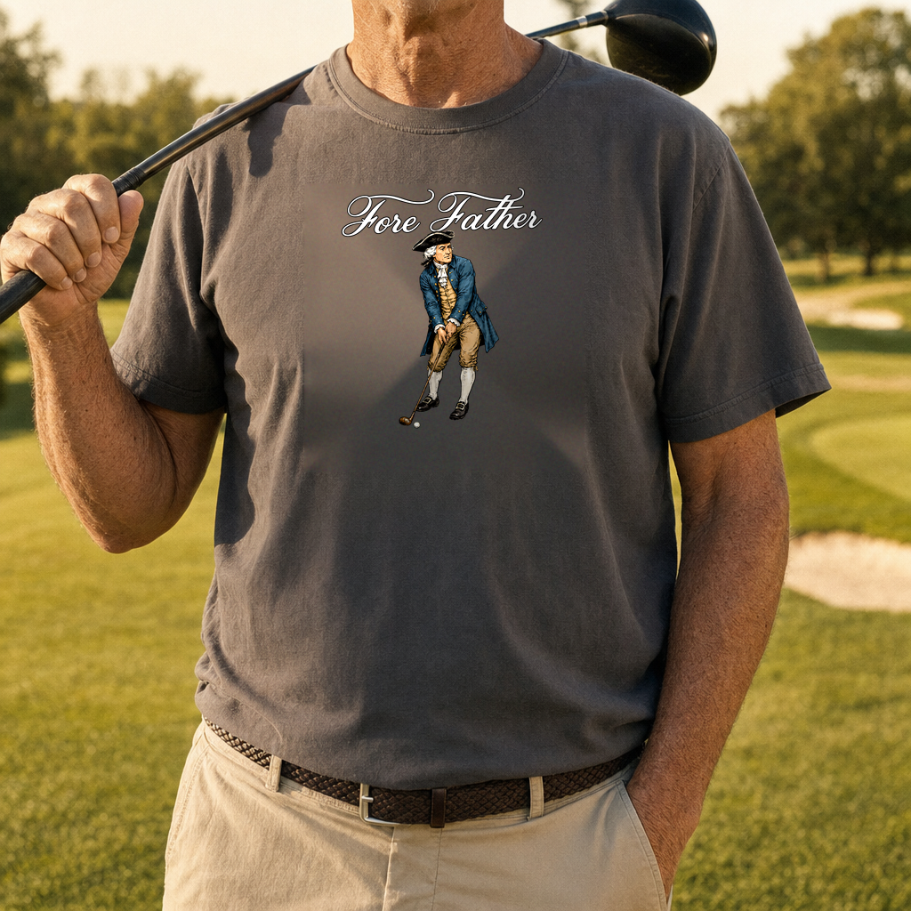 Fore Father Heavyweight Tee worn on the golf course, Pepper