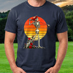 Rose Skeleton Follow Through Sunset Tee worn on the golf course, Navy