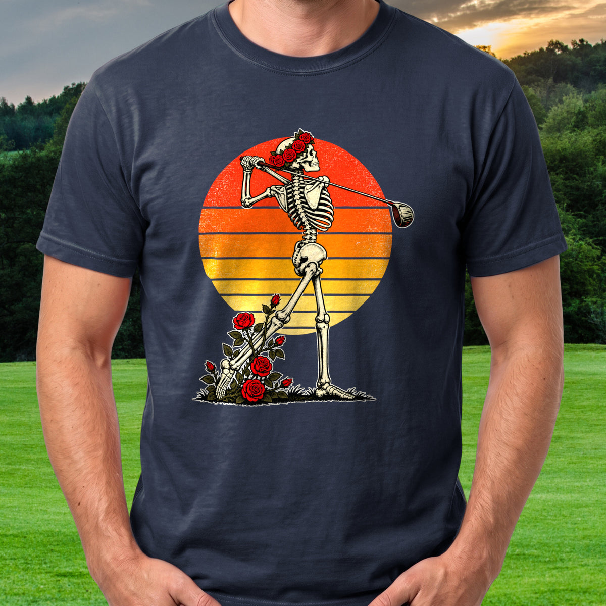 Rose Skeleton Follow Through Sunset Tee worn on the golf course, Navy