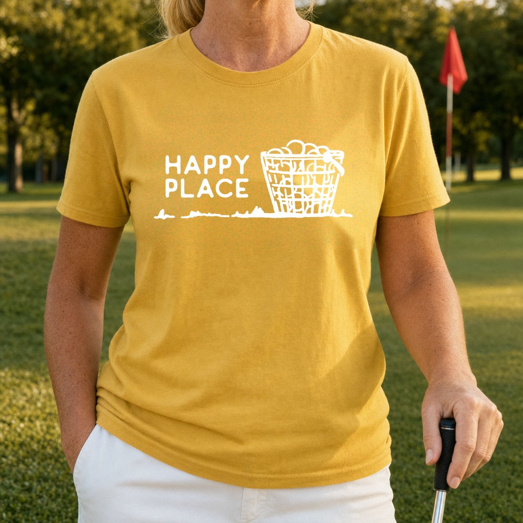 Happy Place Tee worn on the golf course, Daisy