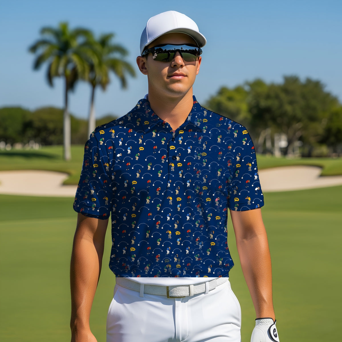 Everything Goes Right Performance Print Polo worn on the golf course