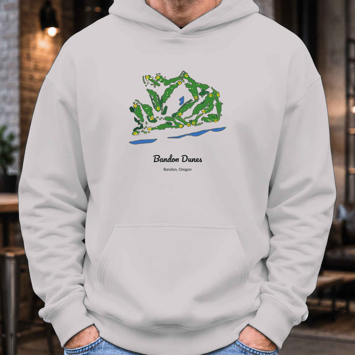 Bandon Dunes Course Map Hoodie worn, Sport Grey