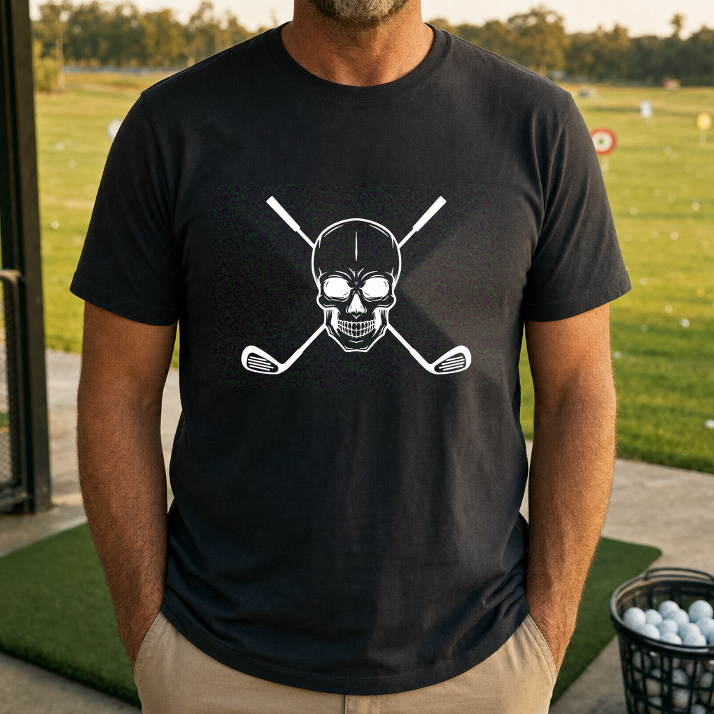Cross Club Skull Tee worn on the golf course, Black