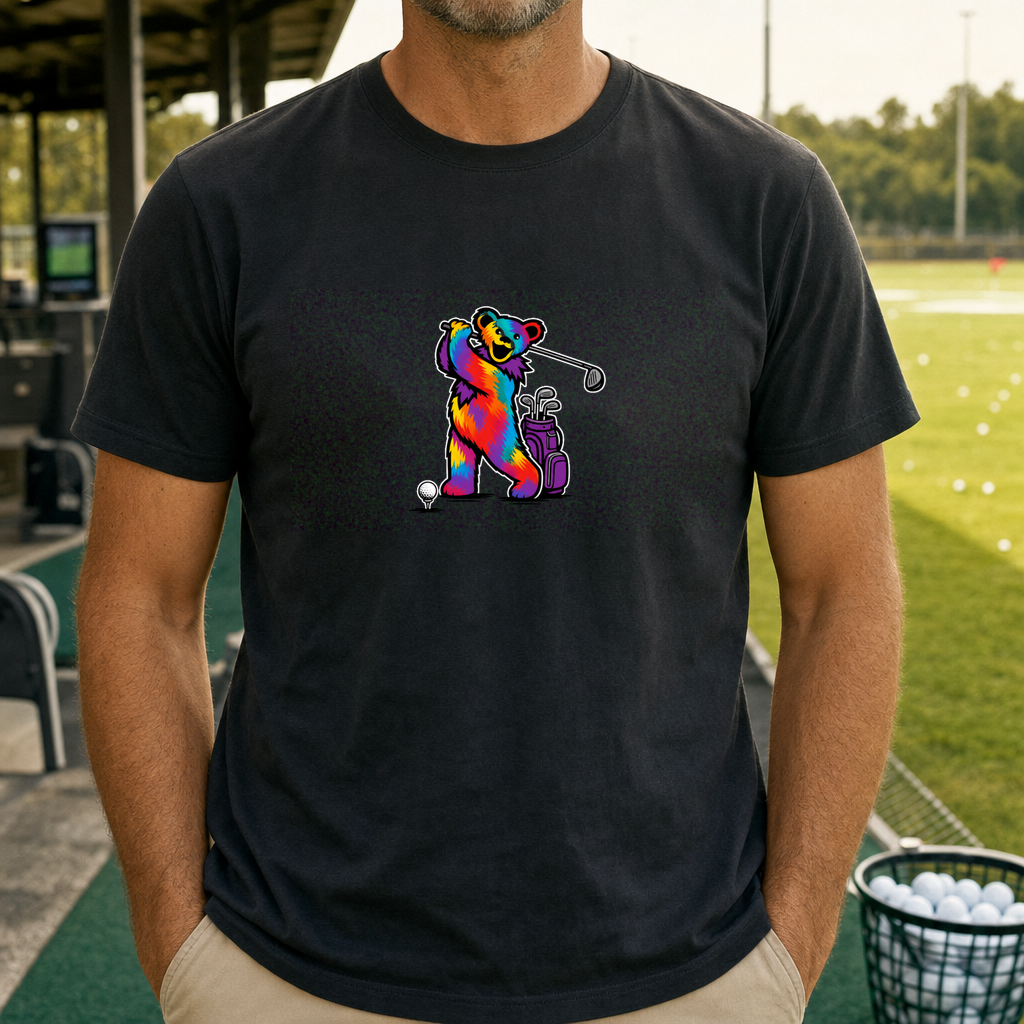 Long Strange Drive Tee worn on the golf course, Black