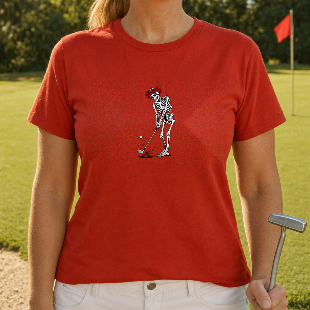 Rose Skeleton's Pitch And Spin Tee worn on the golf course, Red