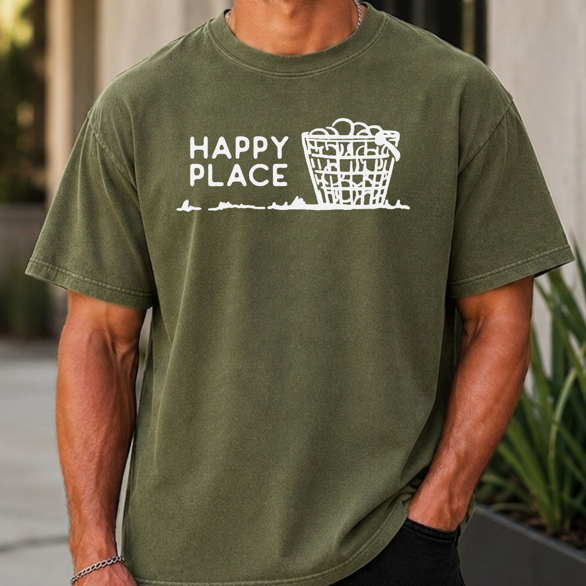 Happy Place Premium Tee worn, Moss