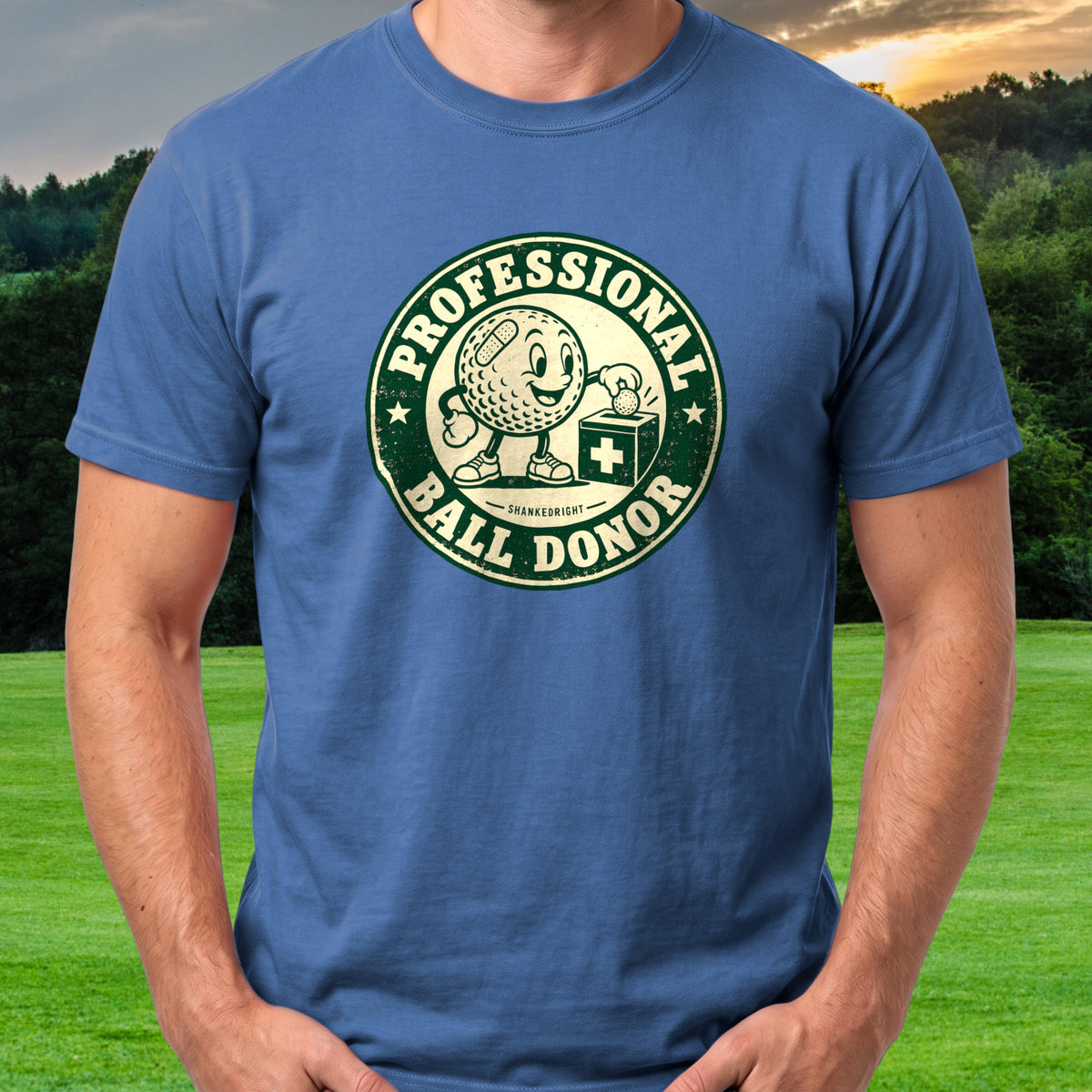 Professional Ball Donor Tee worn on the golf course, Royal