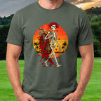 Skeleton Caddie Sunset Tee worn on the golf course, Military Green