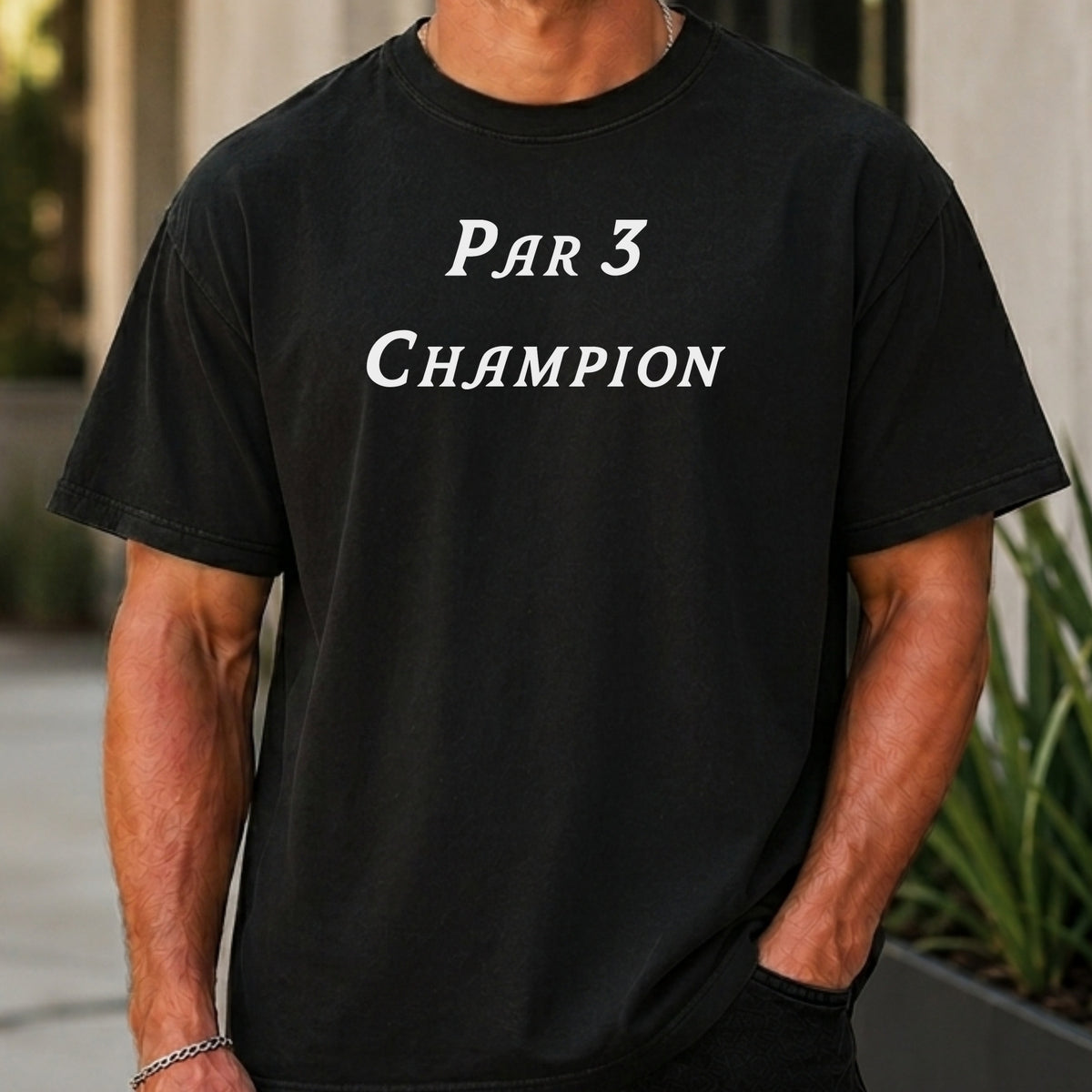 Par 3 Champion Premium Tee worn, Black