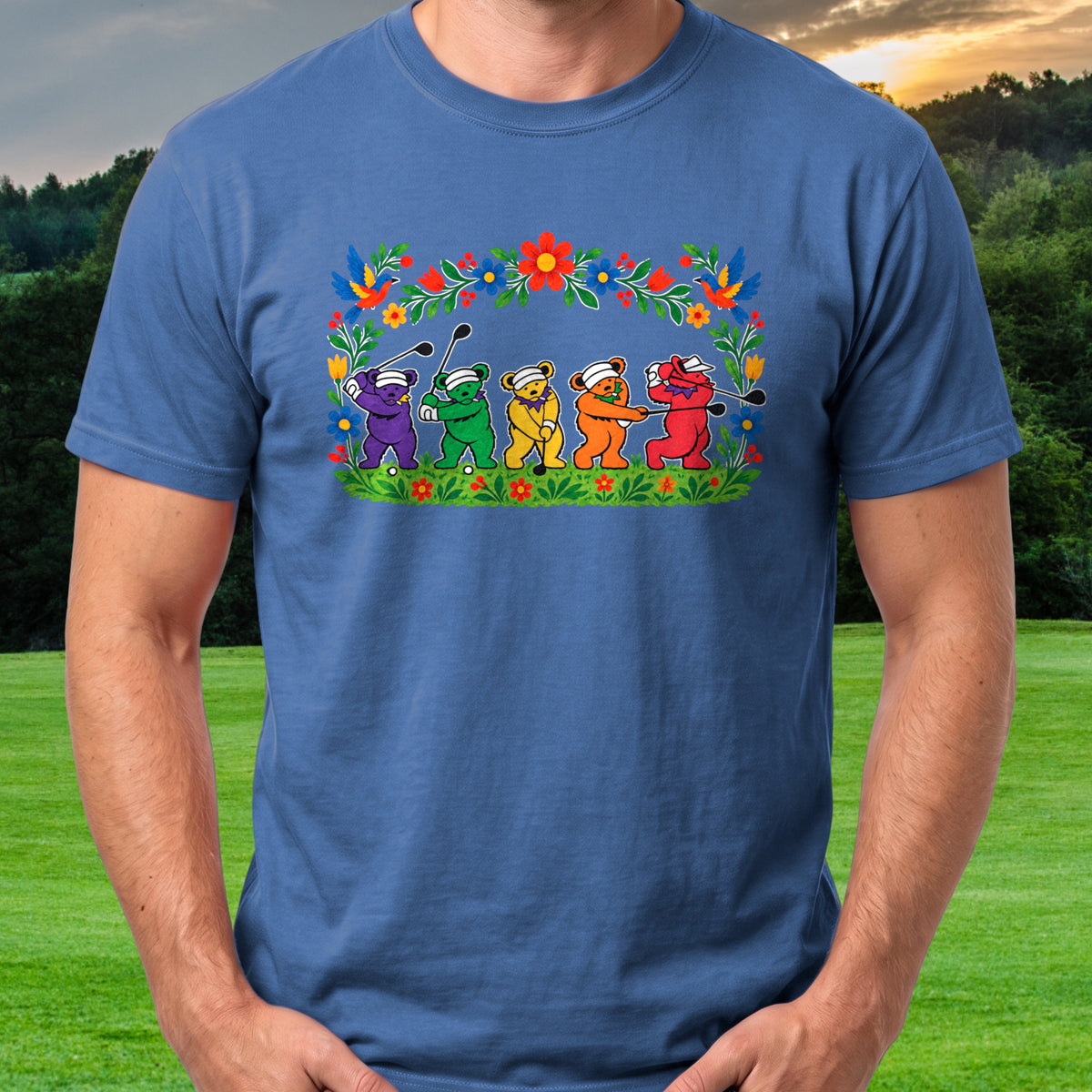 Golf Swing Bears Folk Art Tee worn on the golf course, Royal