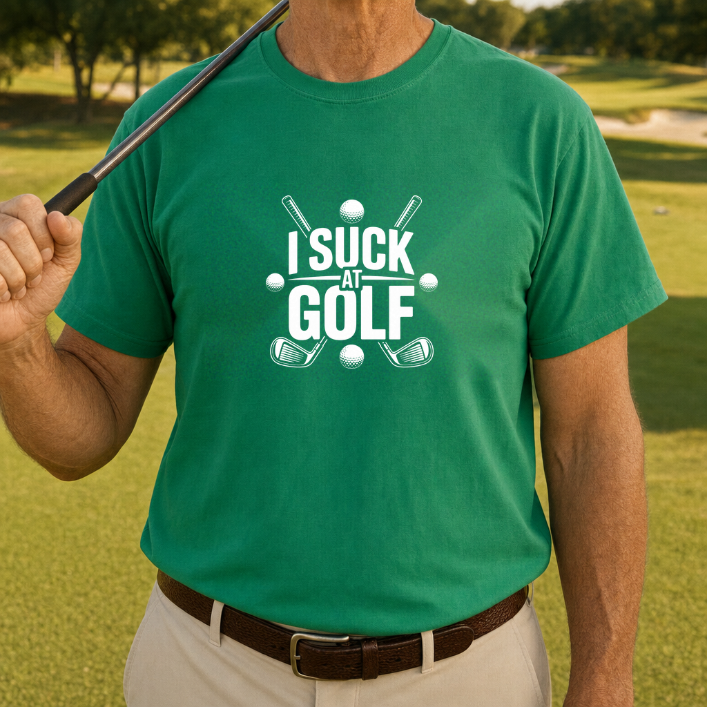 I Suck At Golf T-Shirt worn on the golf course, Irish Green