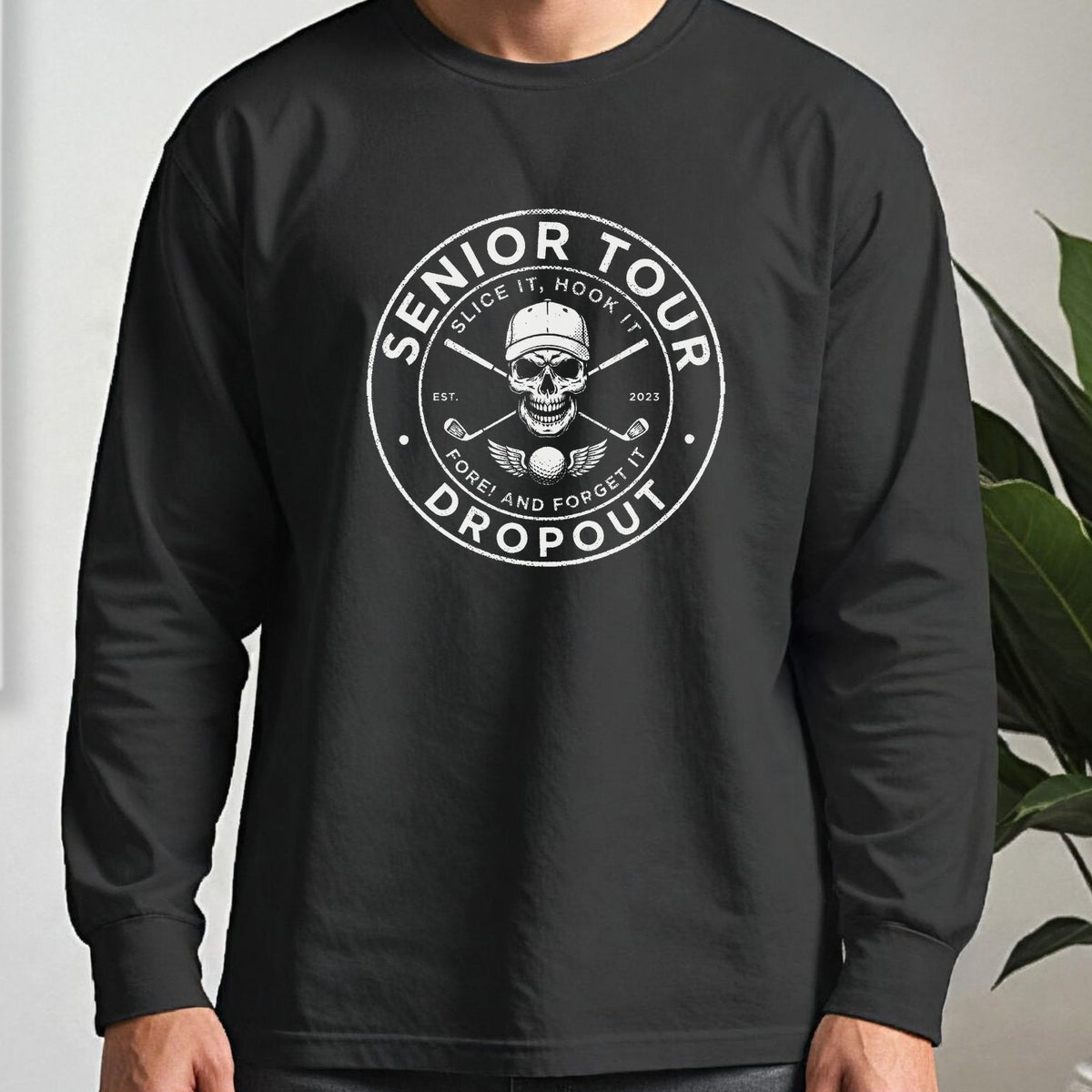 Senior Tour Dropout Long Sleeve Tee worn, Black