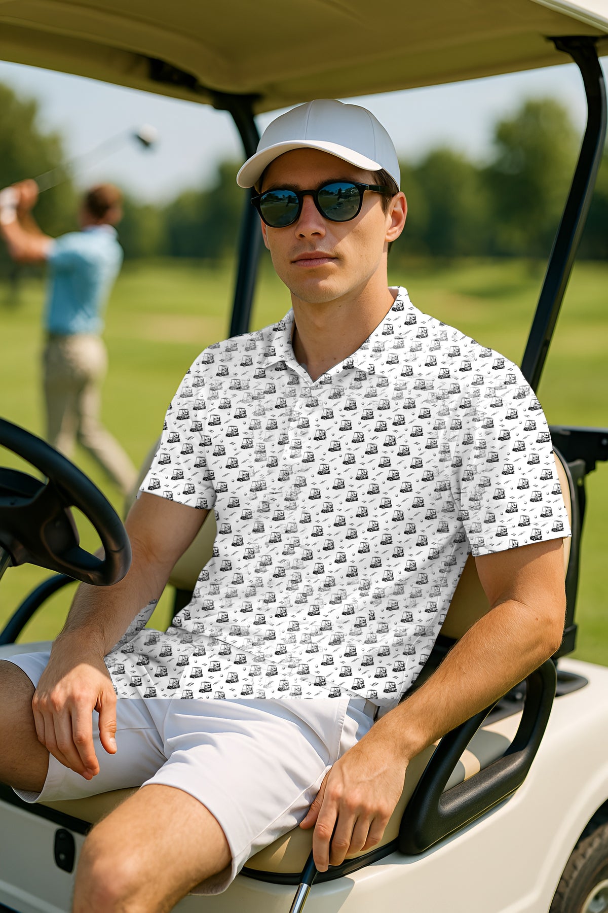 Cart Convoy Performance Print Polo worn on the golf course