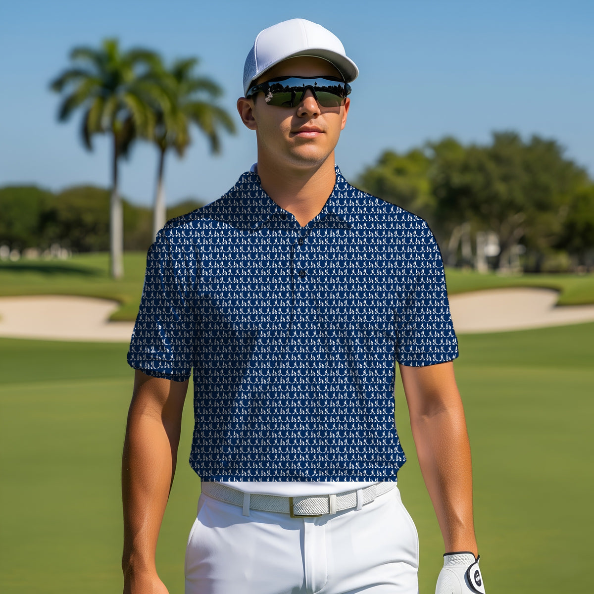 The Crossing Performance Print Polo worn on the golf course