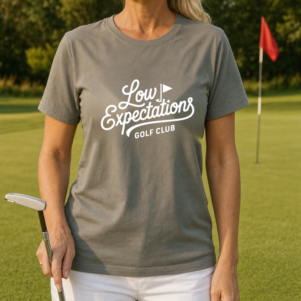 Low Expectations Club Heavyweight Tee worn on the golf course, Black