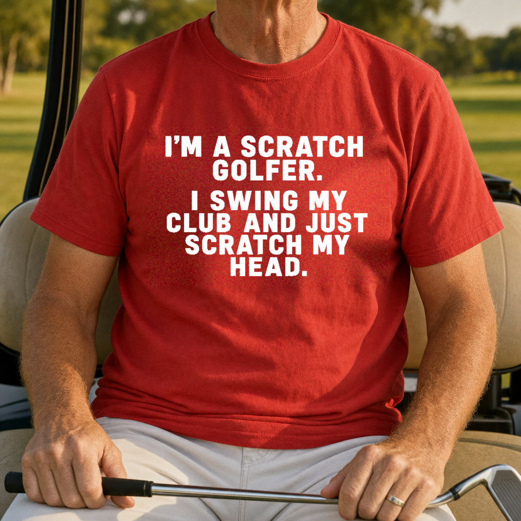 Scratch My Head Tee worn on the golf course, Red