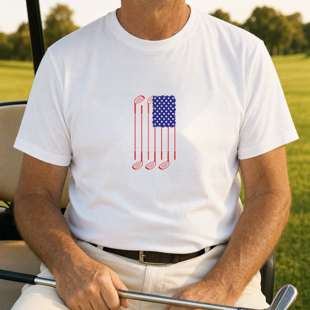USA Flag Clubs & Balls Tee worn on the golf course, White