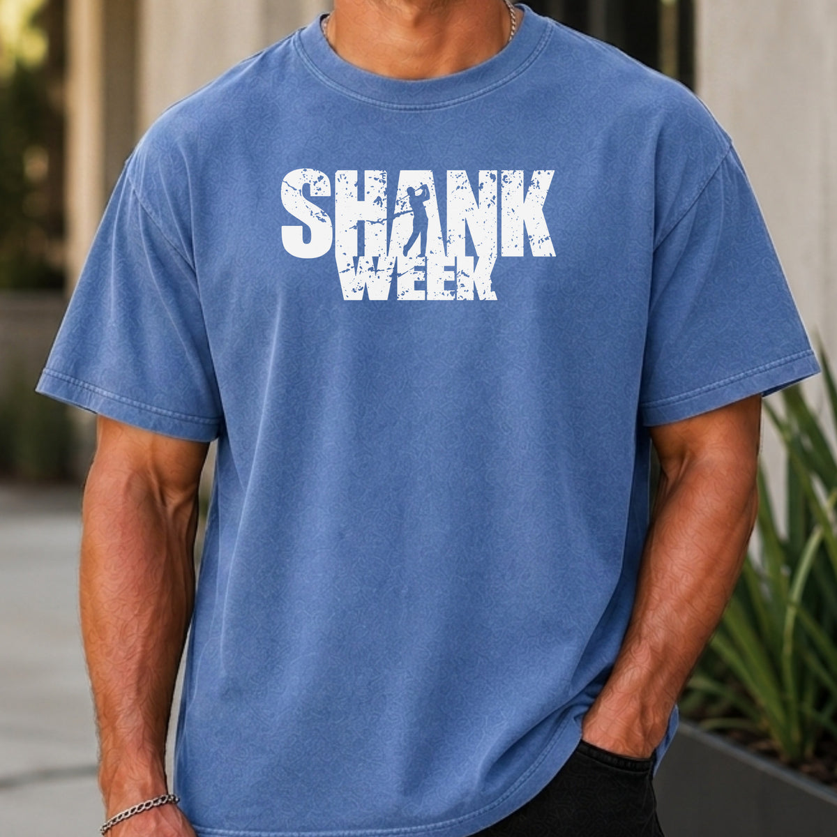 Shank Week Premium Tee worn, Mystic Blue