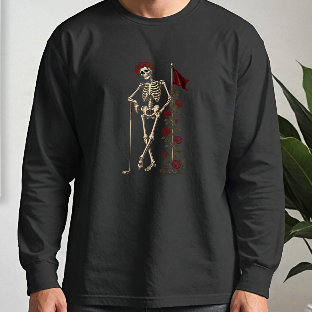 Rose Skeleton Leaning Long Sleeve Tee worn, Black