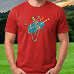 Rose Skeleton Atomic Tee worn on the golf course, Red