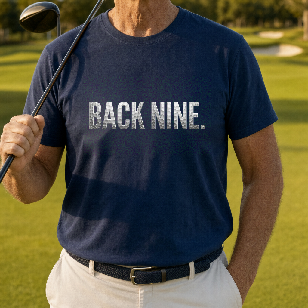 Back Nine Dimples Tee worn on the golf course, Navy