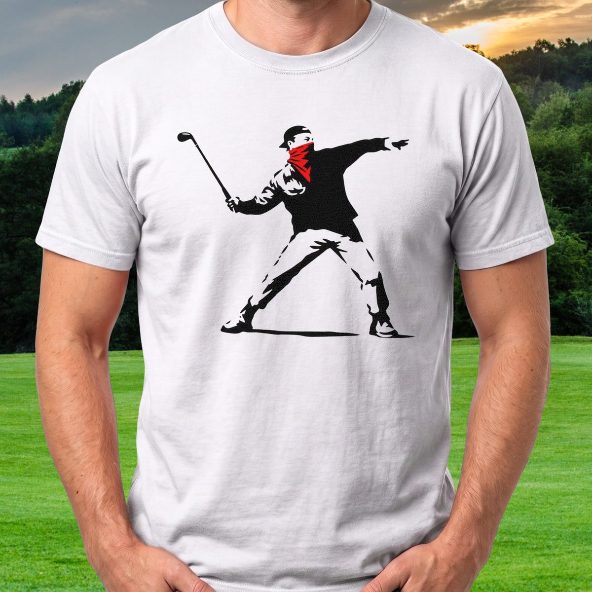 Club Thrower Red Bandana Tee worn on the golf course, White