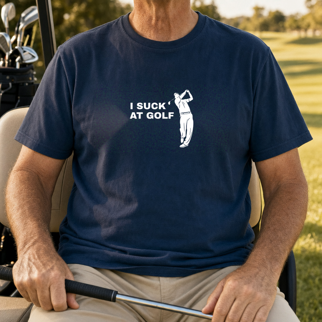 I Suck At Golf Tee worn on the golf course, Navy