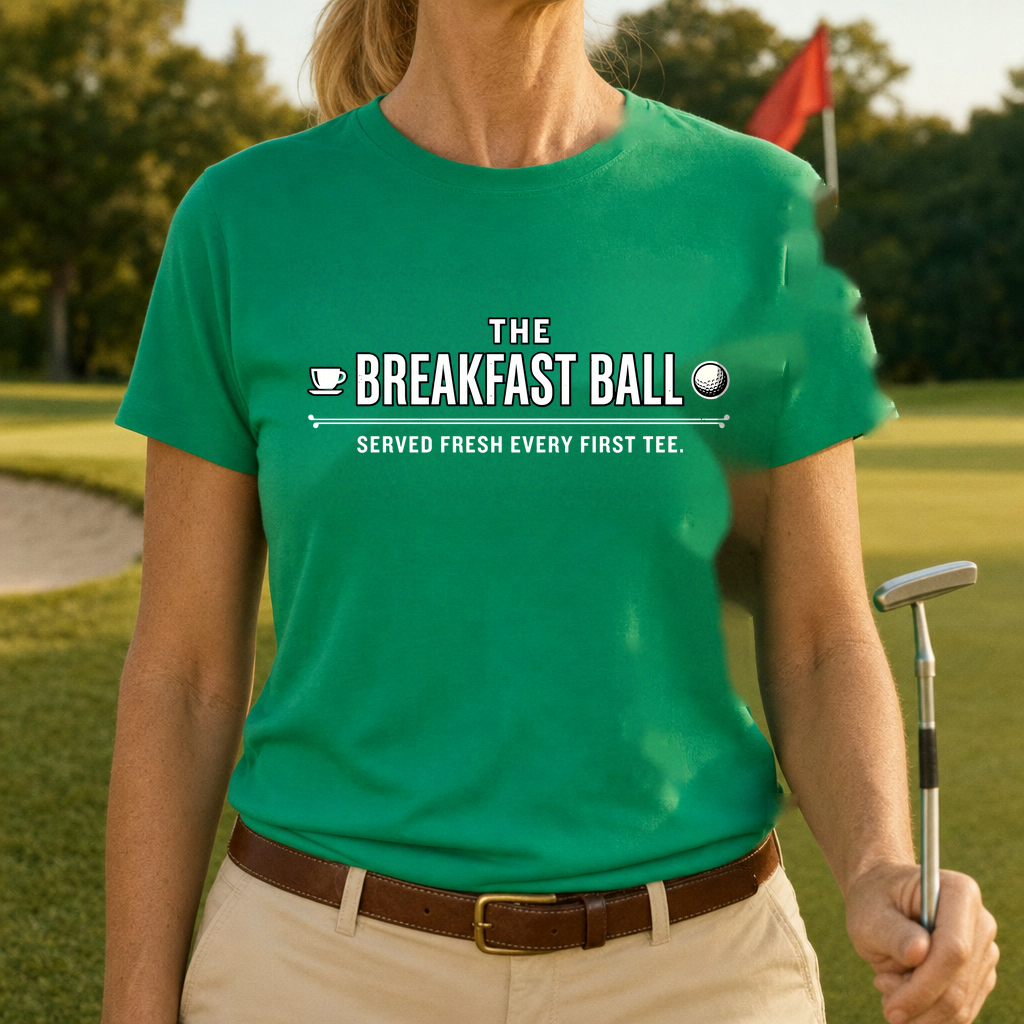 The Fresh Breakfast Ball Tee worn on the golf course, Irish Green