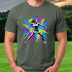 Angry Female Golfer Graffiti Tee worn on the golf course, Military Green