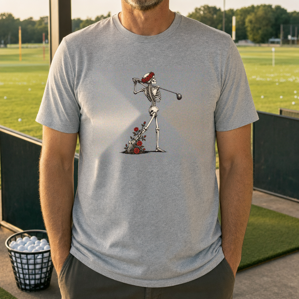 Rose Skeleton Follow Through Tee worn on the golf course, Sport Grey