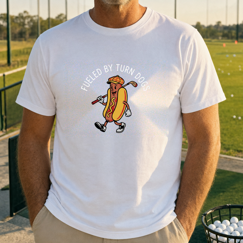 Turn Dog Fuel Tee worn on the golf course, White