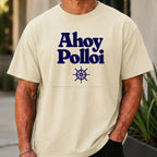 Ahoy Polloi Premium Tee worn, Ivory