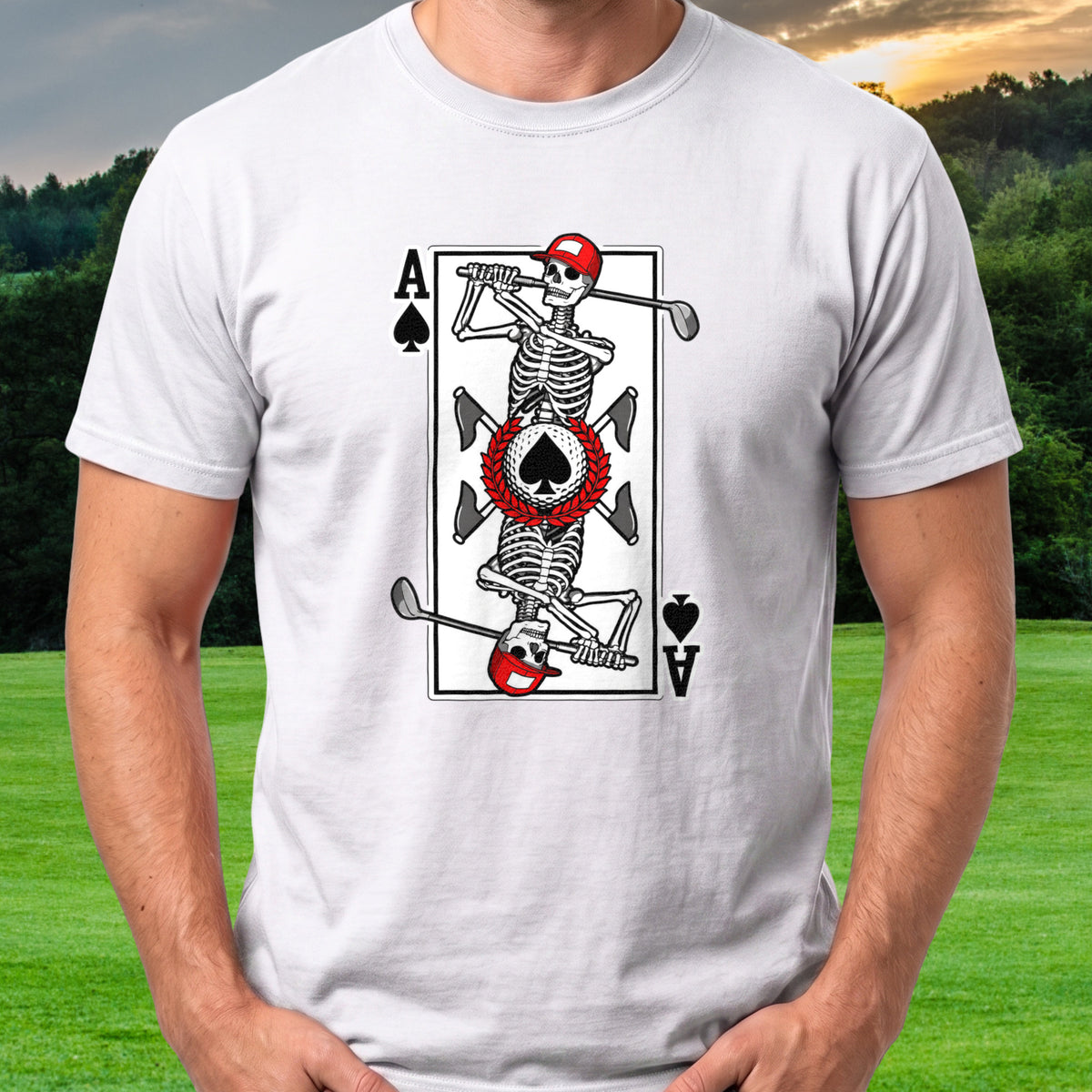 Ace Of Spades Tee worn on the golf course, White