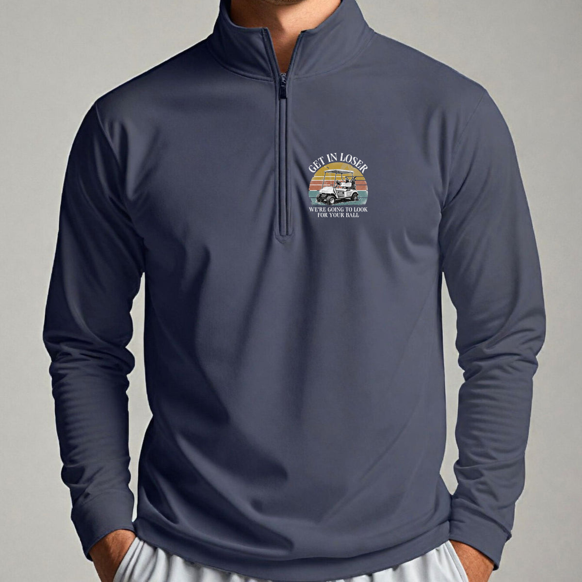 Get In Loser Quarter Zip worn, Navy