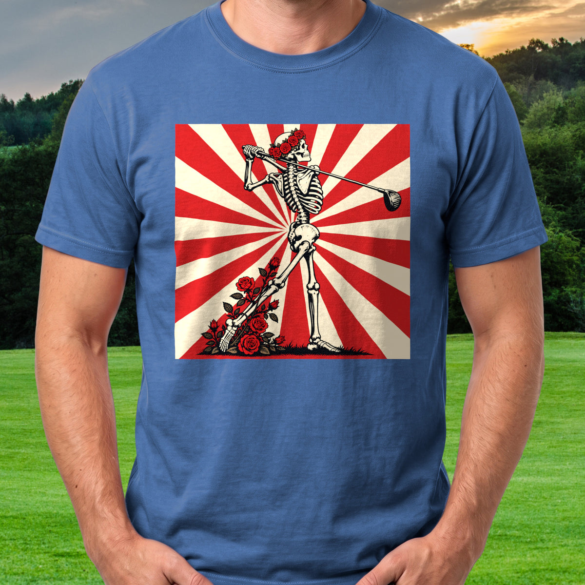 Rose Skeleton Follow Through Propaganda Tee worn on the golf course, Royal