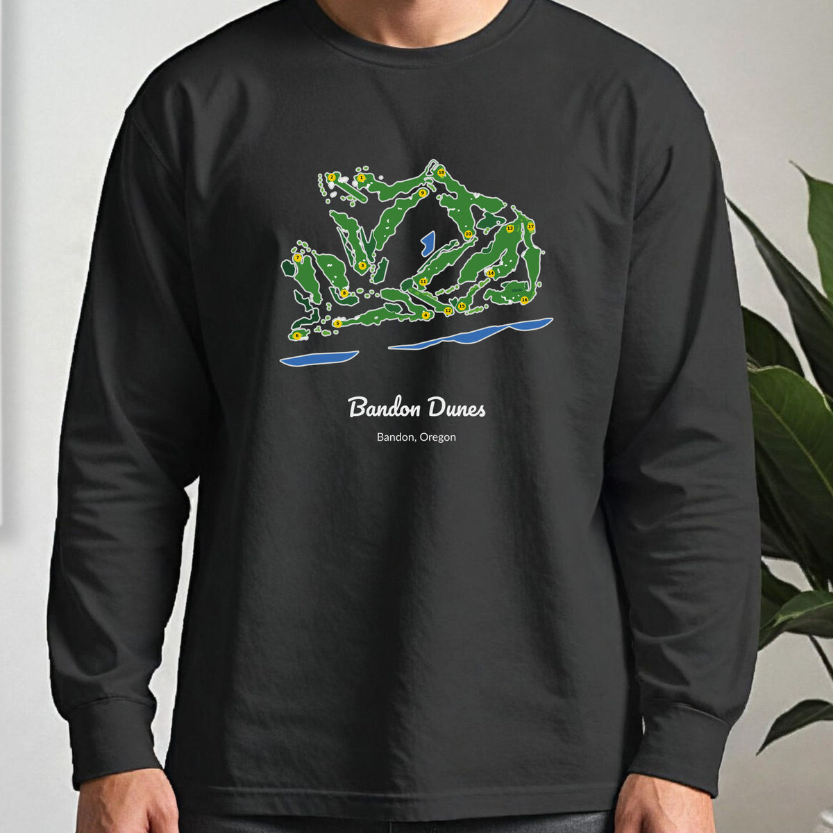 Bandon Dunes Course Map Long Sleeve Tee worn, Black