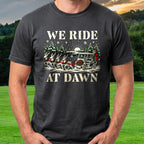 We Ride At Dawn Christmas Tee worn on the golf course, Black