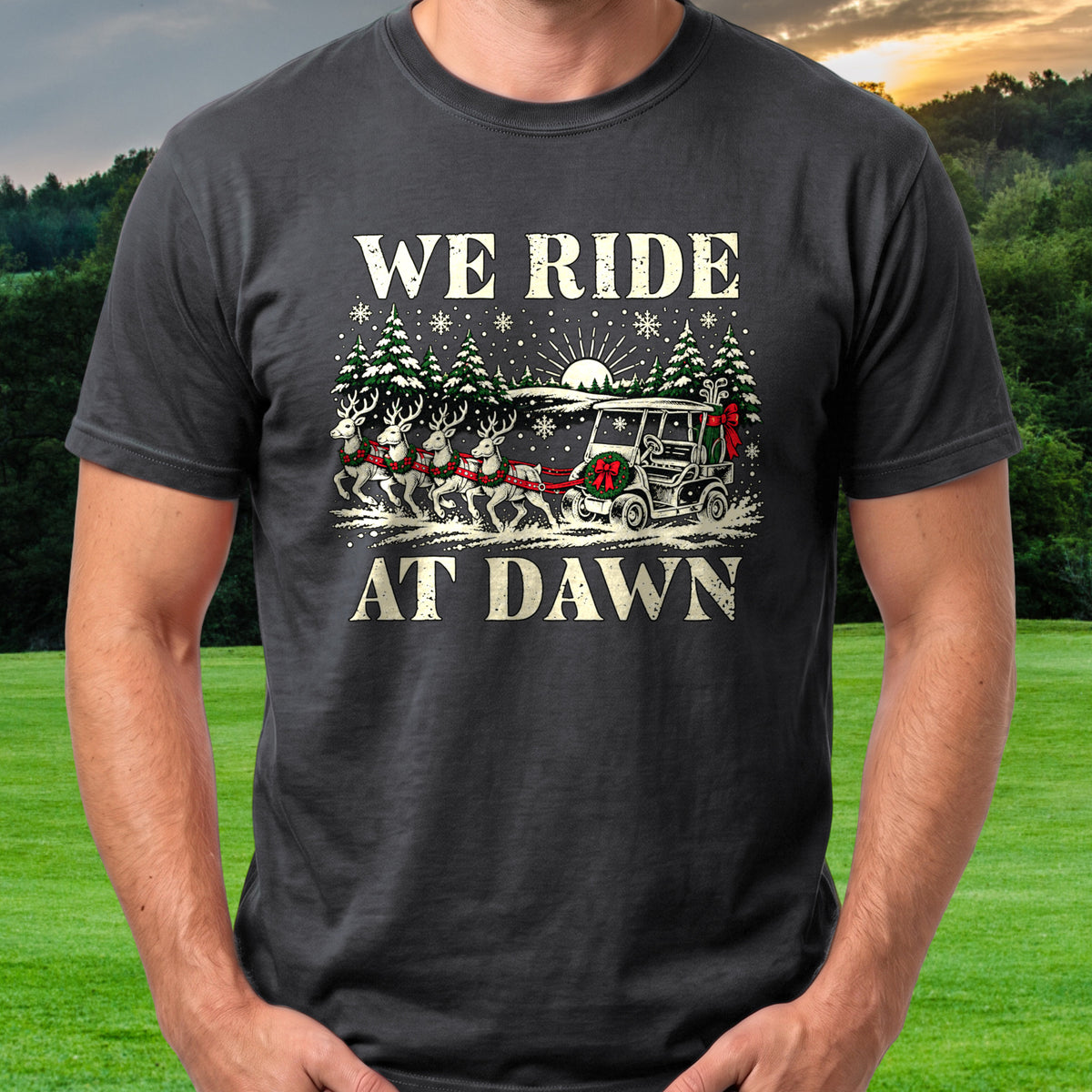 We Ride At Dawn Christmas Tee worn on the golf course, Black