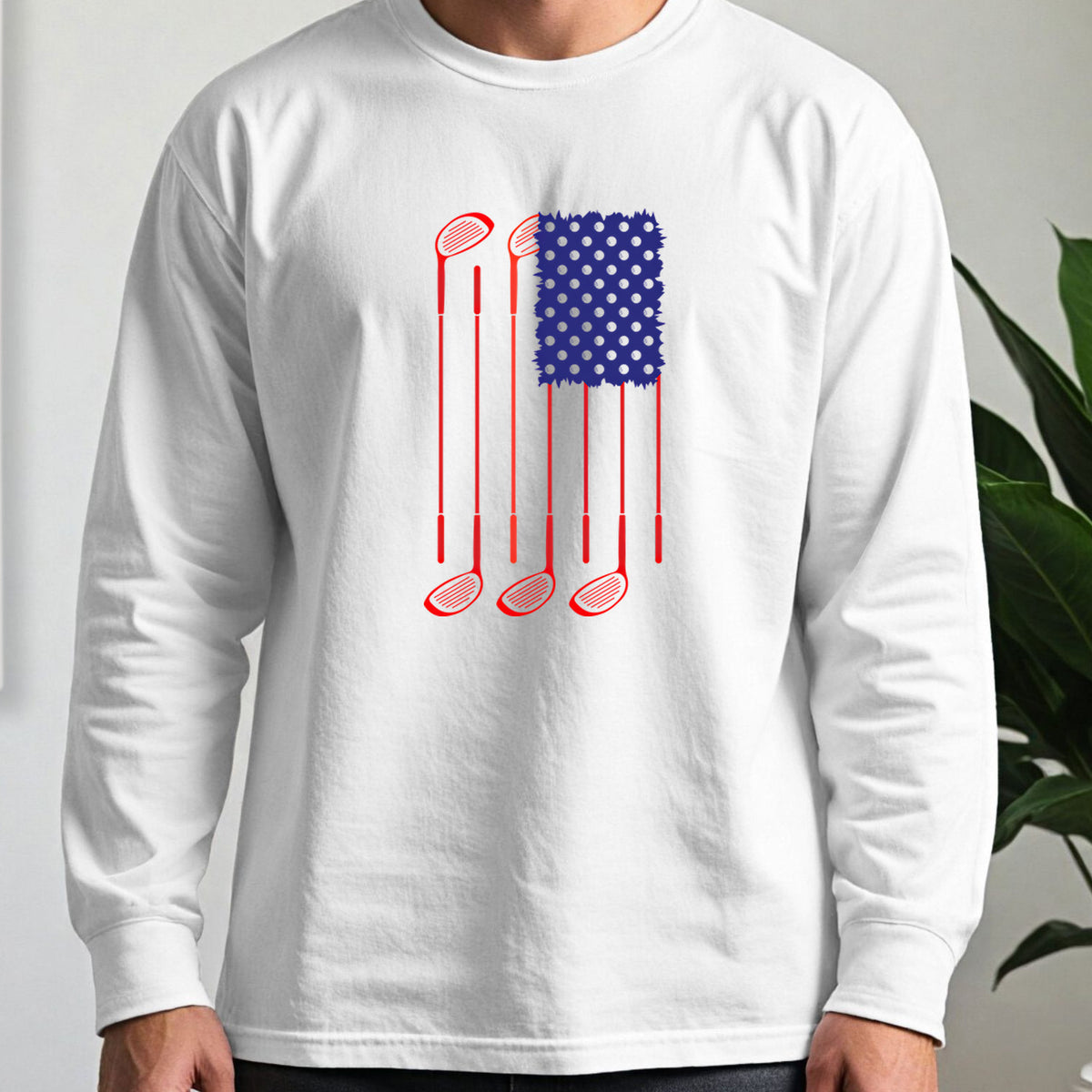 USA Flag Clubs & Balls Long Sleeve Tee worn, White
