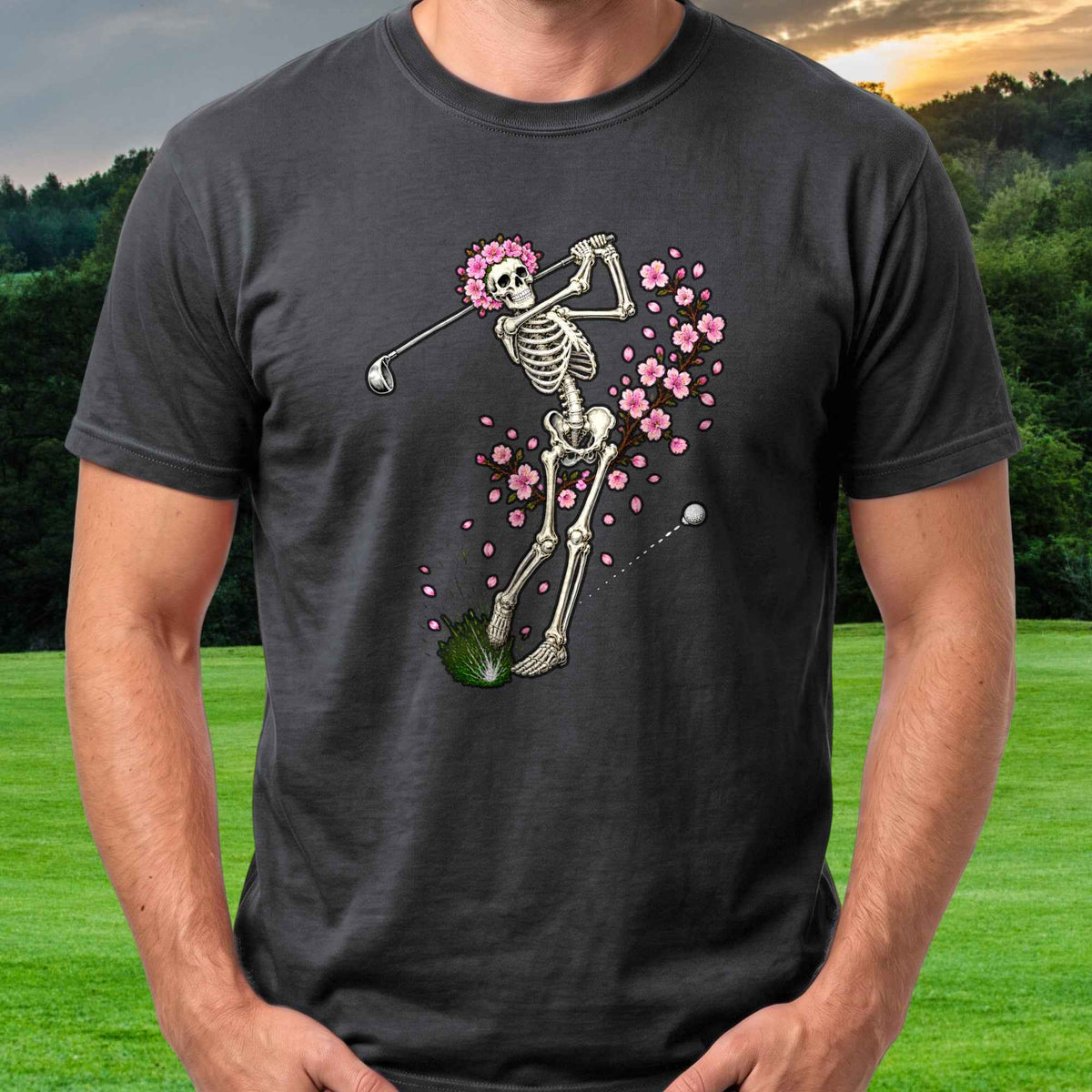 Cherry Blossom Skeleton Swing Tee worn on the golf course, Black