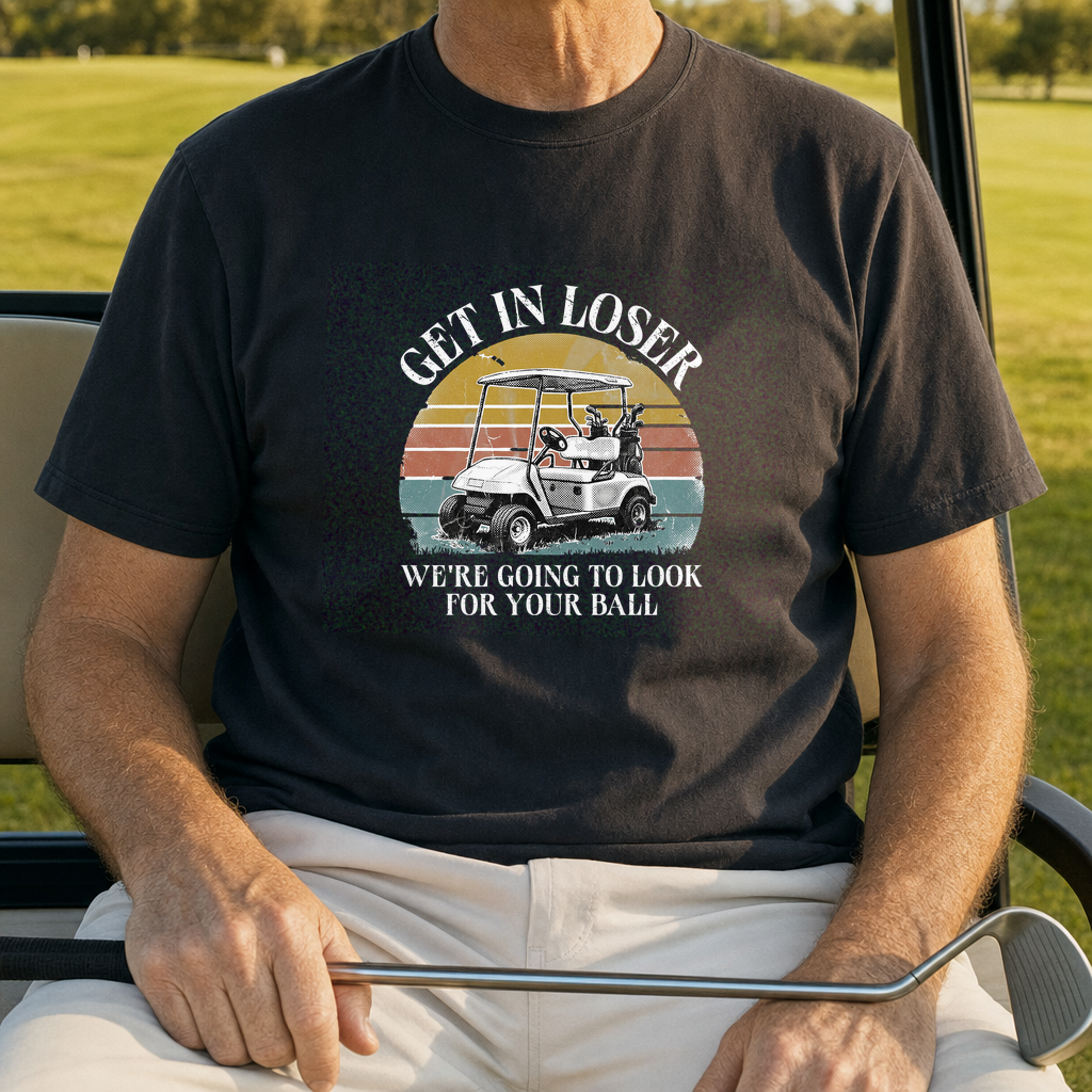 Get In Loser Heavyweight Tee worn on the golf course, Pepper