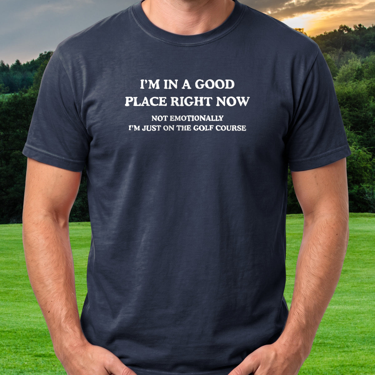 In A Good Place Tee worn on the golf course, Navy