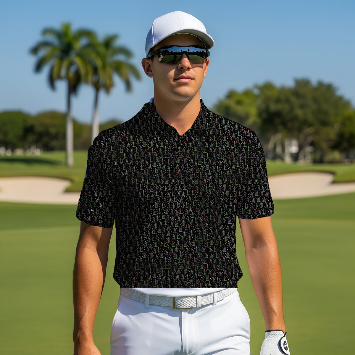 Skeleton Caddie Performance Print Polo worn on the golf course