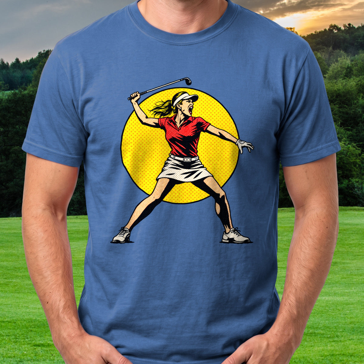 Angry Female Golfer Pop Art Tee worn on the golf course, Royal