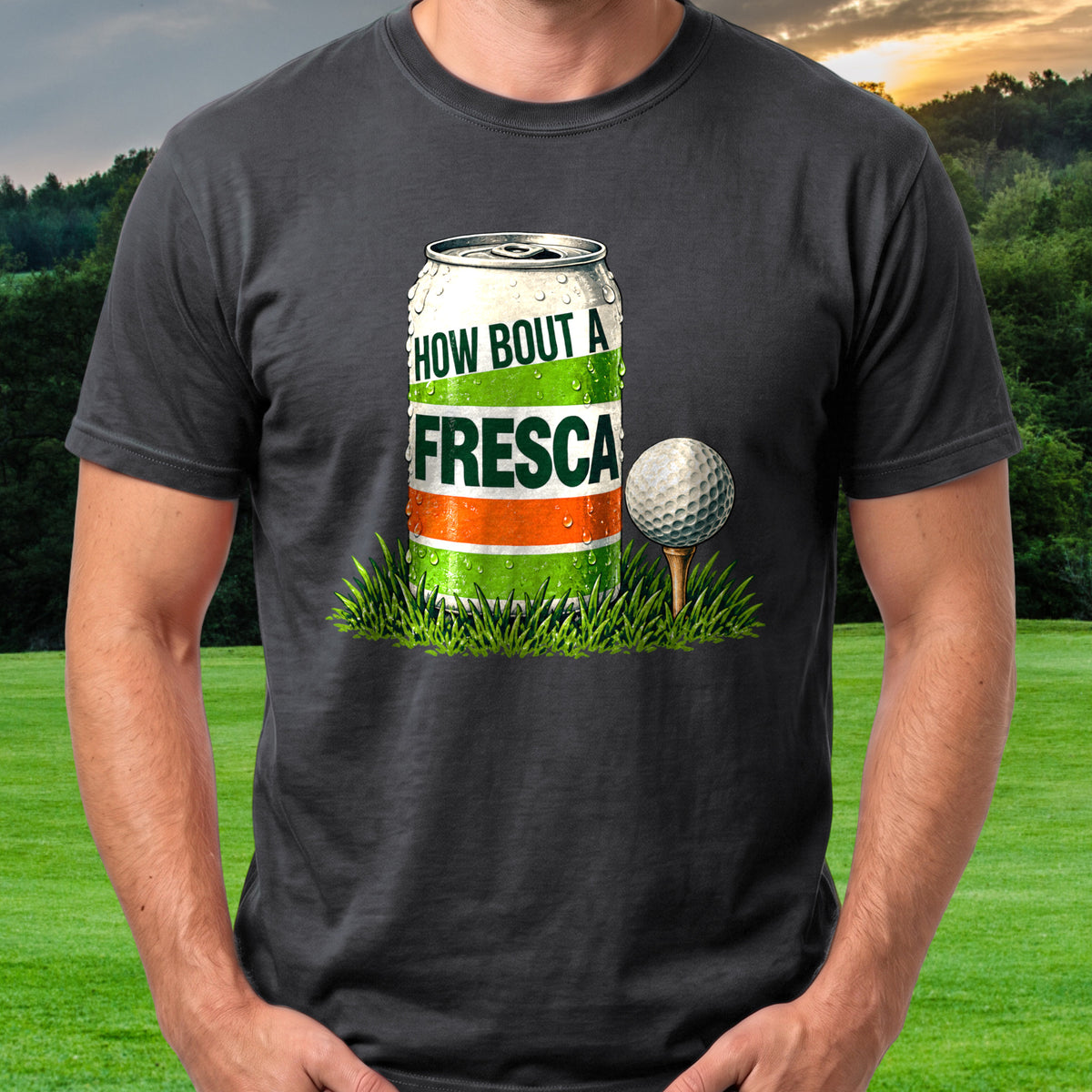 How Bout A Fresca Soda Can Tee worn on the golf course, Black