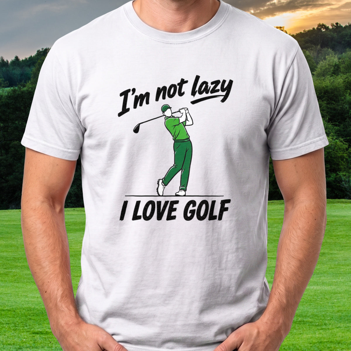 I'm Not Lazy Tee worn on the golf course, White