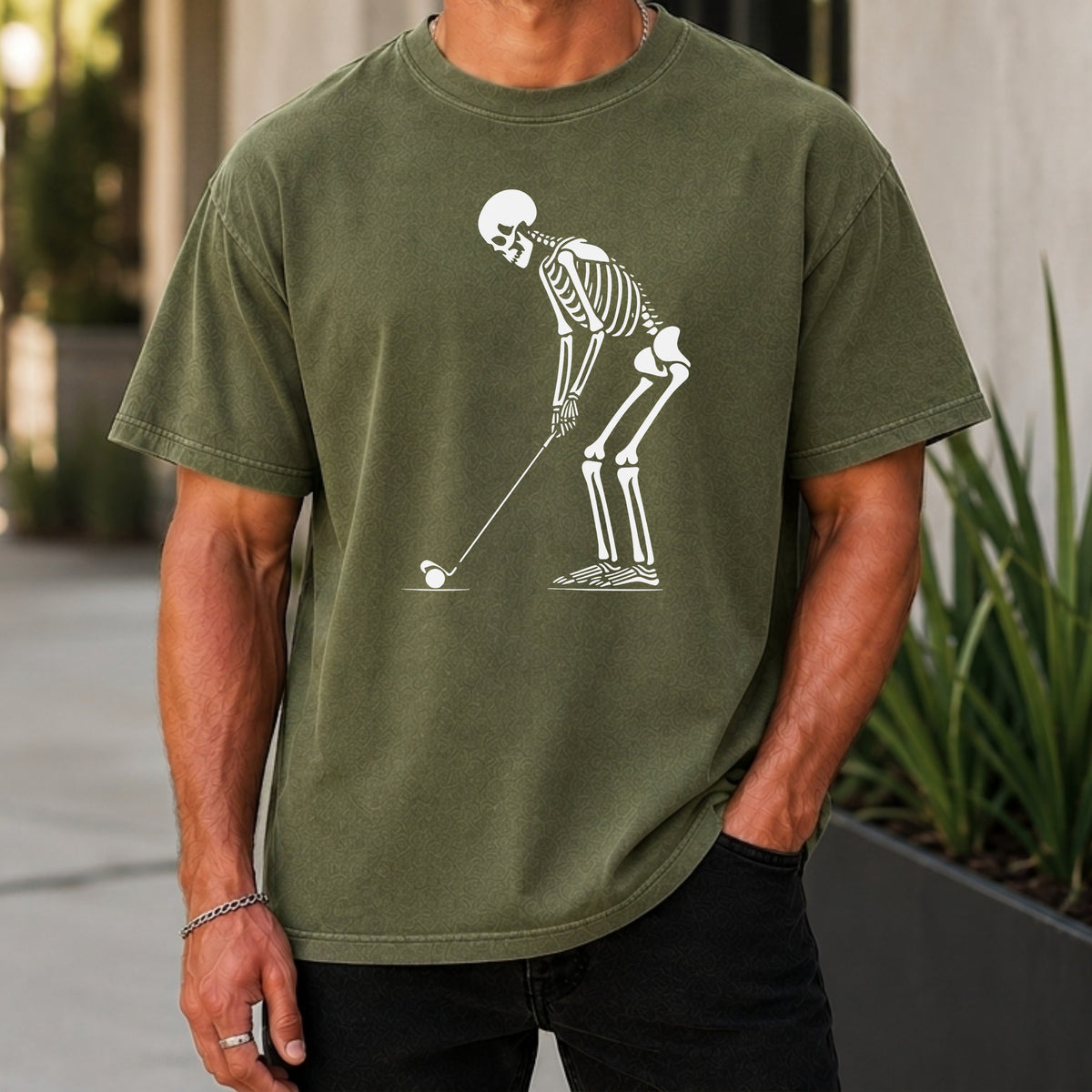 Skeleton Golfer Premium Tee worn, Moss